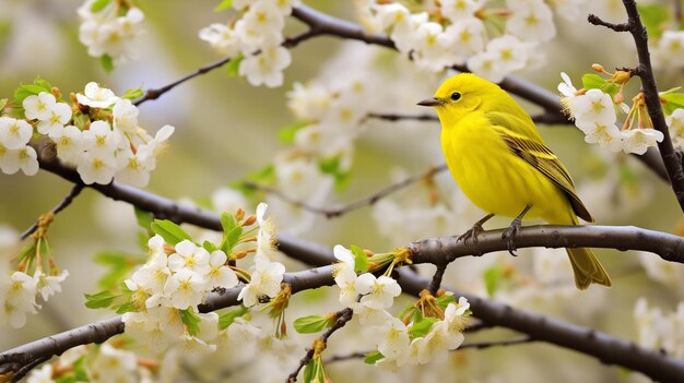 Gelbe Warbler ruht auf einem blühenden Zweig in einer üppigen Frühlingsumgebung