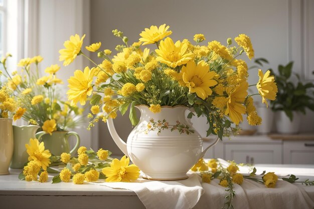 Gelbe wilde Sommerblumen im Krug auf weißem Vintage-Interieur