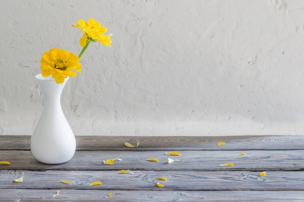 Gelbe Zinnie in der weißen Vase auf Holztisch