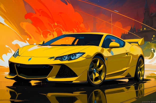 Gelber Anime-Sportwagen mit Flammen-generativer KI