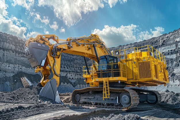 Gelber Bagger gräbt Boden auf der Baustelle eines Steinbruchs