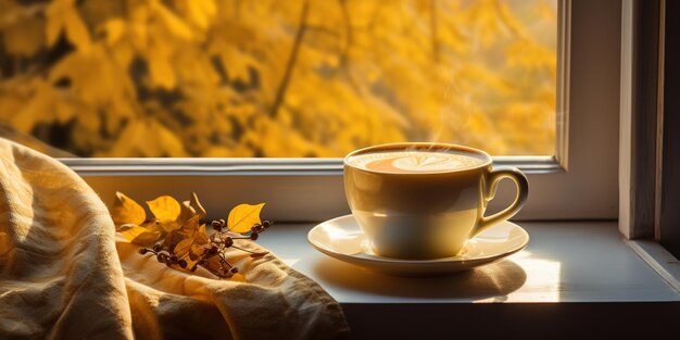 Gelber Becher mit duftendem Kaffee am Fenster an einem Herbsttag