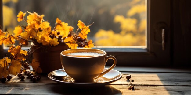 Gelber Becher mit duftendem Kaffee am Fenster an einem Herbsttag