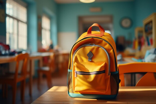 Gelber Bücherbeutel mit verschwommenem Hintergrund im Klassenzimmer