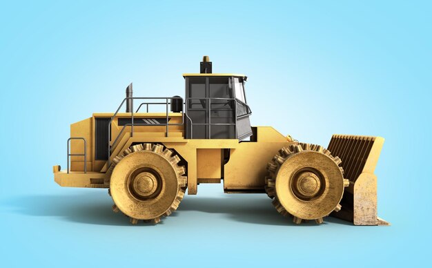 Gelber Bulldozer 3D-Render auf blauem Hintergrund