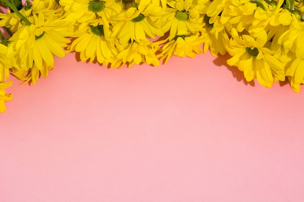 Gelber Chrysanthemenblumenstrauß auf rosa Hintergrund Kopienraum