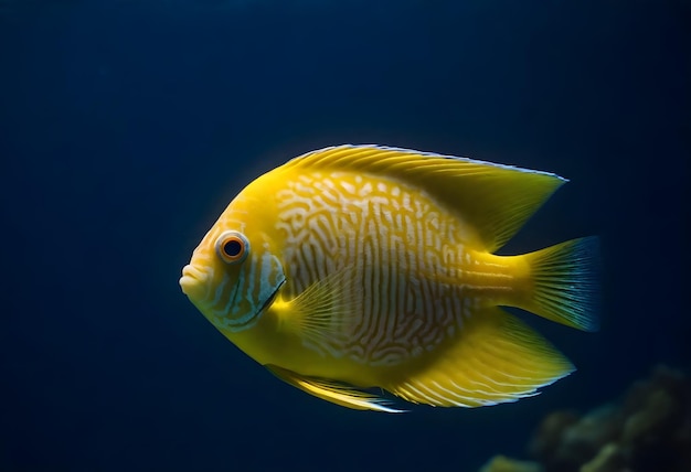 Gelber Diskusfisch vor einem dunkelblauen aquatischen Hintergrund