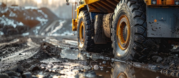 Gelber Dump Truck fährt auf einer schlammigen Straße