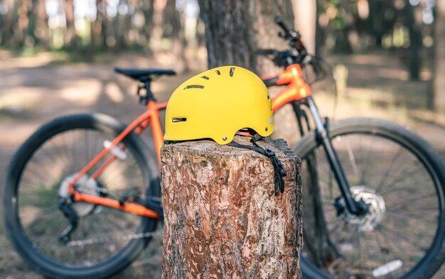 Gelber Fahrradhelm auf Baumstumpf und Fahrrad im Pinienwald