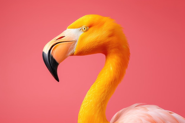 Gelber Flamingo auf rosa Hintergrund Seitenansicht