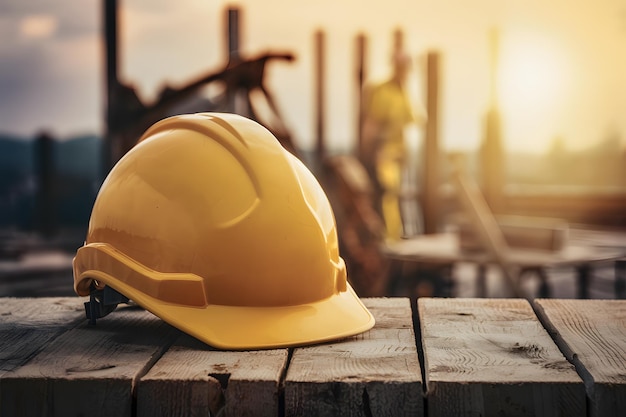 Gelber Helm vor dem Hintergrund der Baustelle für den Tag der Arbeit