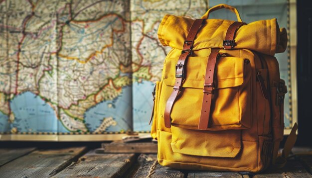 Foto gelber hipster-rucksack und reisekarte-konzept von ai-generiertes bild