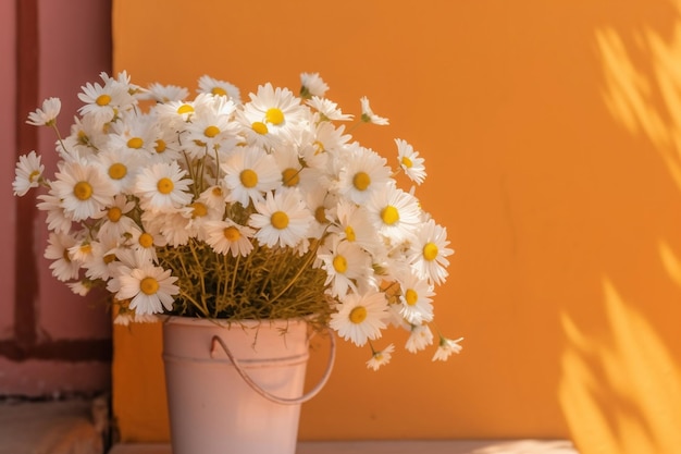 Gelber Kamillen-Gänseblümchen-Blumenstrauß 3D-Innenmodell auf pastellrosa Wand Ai generativ