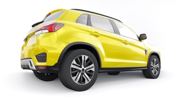 Gelber kompakter urbaner SUV auf einem weißen einheitlichen Hintergrund mit einem leeren Körper für Ihr Design 3D-Rendering