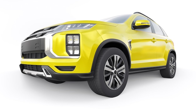 Gelber kompakter urbaner SUV auf einem weißen einheitlichen Hintergrund mit einem leeren Körper für Ihr Design 3D-Rendering