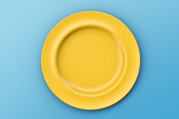 Gelber leerer Teller auf einem blauen Tisch Sieht aus wie die Sonne am Himmel Draufsicht