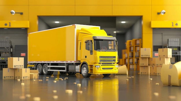 Gelber Lieferwagen mit Kartonkisten Transportversand3d-Rendering