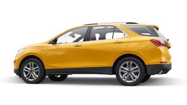 Gelber mittelgroßer City-SUV für eine Familie auf weißem Hintergrund 3D-Rendering
