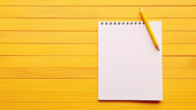 Gelber Notizblock und Stift auf Holzschreibtisch mit leerem Papier und Kopierraum für Ideen für Schreibutensilien