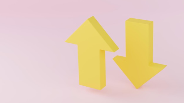 Gelber Pfeil auf rosa Hintergrund Pfeilsymbol mit Schatten 3D-Rendering isoliert