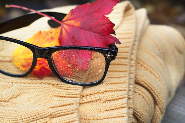 Gelber Pullover und Brille mit Herbstlaub