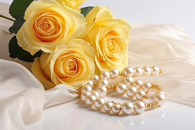 Gelber Rosenstrauß und Perlen auf weißem Hintergrund