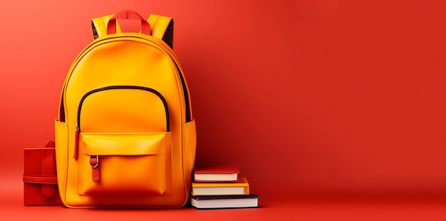 Gelber Rucksack mit Büchern auf rotem Hintergrund. Zurück zur Schule, Kopierraum, AIgeneriert