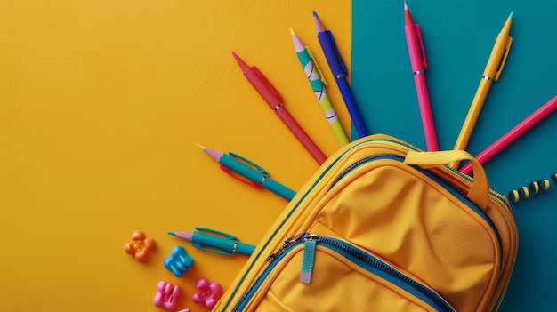 Foto gelber rucksack mit bunten bleistiften