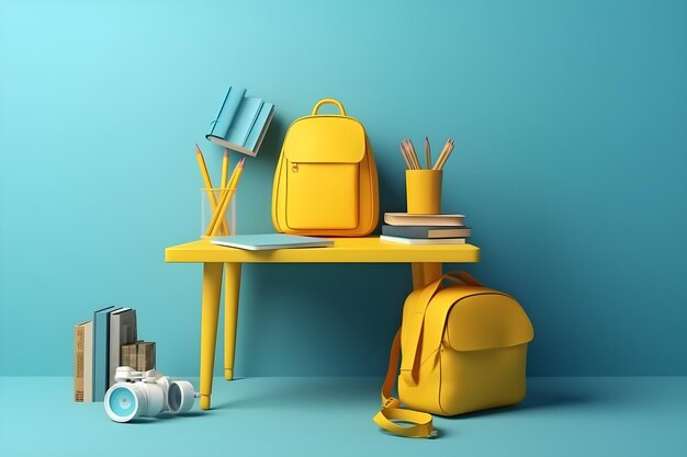 Gelber Rucksack mit Schreibwaren auf blauem Hintergrund