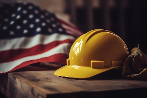 Gelber Schutzhelm, auch Schutzhelm genannt, auf der Nationalflagge der Vereinigten Staaten von Amerika zum Thema des Arbeitstages. Neuronales Netzwerk, generiert im Mai 2023. Basiert nicht auf einer tatsächlichen Personenszene oder einem Muster