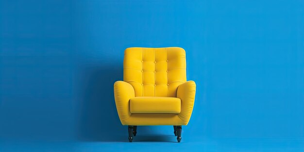 Gelber Sessel auf blauem Hintergrund Minimalismus Platz für textgenerative ai