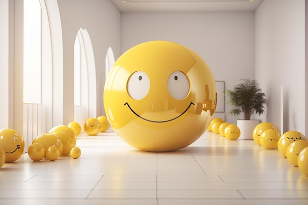 Gelber Smiley-Ball im Innenraum eines weißen Raums in 3D-Darstellung