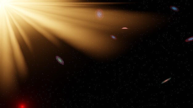 Gelber Sonnenlichtstrahl mit gemischter bunter Spirale und Sternenfeld im Hintergrund (3D-Rendering)