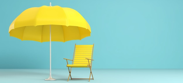 Gelber Sonnenschirm des Strandes mit gelben Stühlen auf blauem Hintergrund