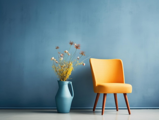 Gelber Stuhl und blaue Vase mit Wildblumen Innerer Hintergrund von blauer und Terrakotta-Wand