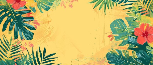 Gelber tropischer Dschungel-Hintergrund Moderne Illustration mit Hibiskusblüten, Palmblättern und Grunge-Textur Illustration eignet sich für Poster, Cover, Banner oder Print-Projekte