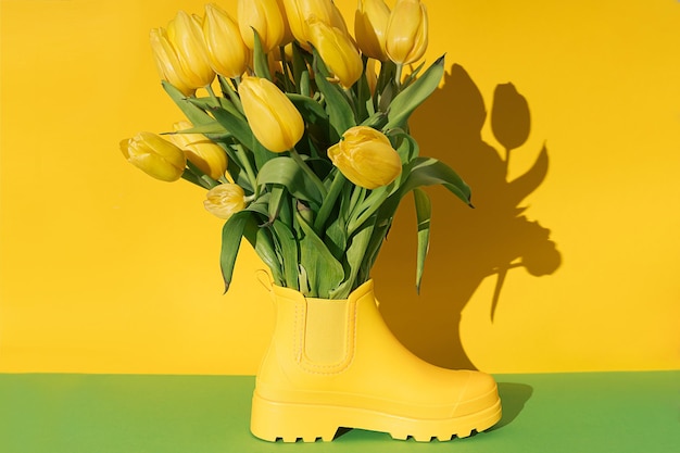 Gelber Tulpenblumenstrauß in gelben Gummistiefeln als Vase auf gelbem und grünem Hintergrund mit scharfen Schatten Kreative Frühlingsblumenkomposition Botaniktapete Wohnkultur