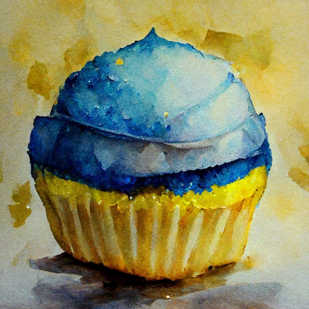 Gelber und blauer Aquarell Cupcake Köstlicher Vanillekuchen mit Sahne