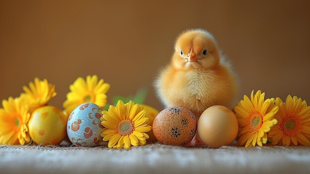 Gelber und orangefarbener Oster-Hintergrund Sammlung von Eiern mit Blumenmustern neben einem Küken