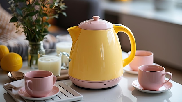 Gelber Wasserkocher und Tassen mit eingegossenem Tee stehen auf einem modernen Holztisch in einem gemütlichen Raum. Haushaltsgeräte für die generative Zubereitung heißer Getränke