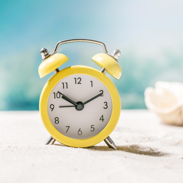 Gelber Wecker am Sommersandstrand mit Wellen und Muscheln im Hintergrund Zeit für Urlaub Reisekonzept Zehn Uhr quadratisches Bild