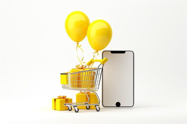 gelbes 3D-Smartphone mit Einkaufswagen mit Geschenk mit Ballon mit Kopierplatz