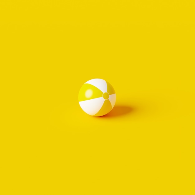 Gelbes aufblasbares Ballstrandspielzeug auf lebendigem Sommerhintergrund mit Ballonkonzept. 3D-Rendering.