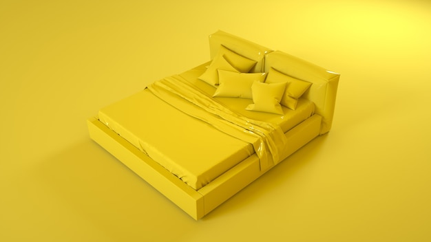 Gelbes Bett lokalisiert auf gelbem Hintergrund. 3D-Illustration.