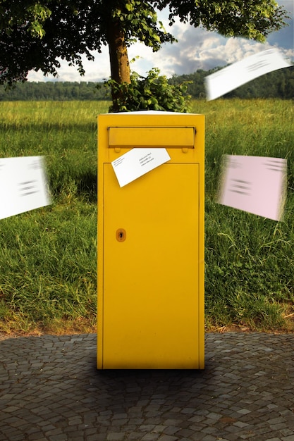 Gelbes Briefkasten mit fliegenden Briefen in das Briefkasten, um altmodische Post zu erhalten