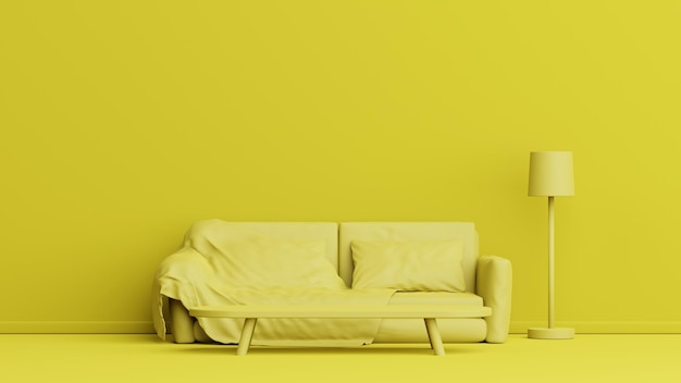 Gelbes einfarbiges Zimmer mit Couch und Dekoration auf 3D-Rendering