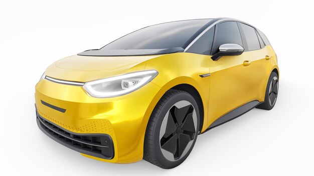 Gelbes elektrisches Fließheckauto der neuen Generation mit erweiterter Reichweite 3D-Darstellung