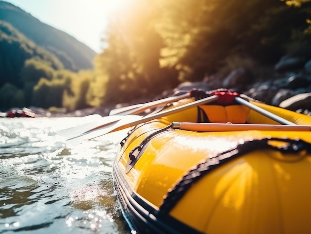 Foto gelbes floß auf einem bergfluss