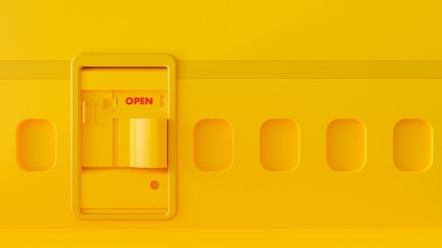 Gelbes Flugzeug innerhalb der Tür und des Fensters für Hintergrund. Travel Minimales Ideenkonzept, 3D-Rendering.
