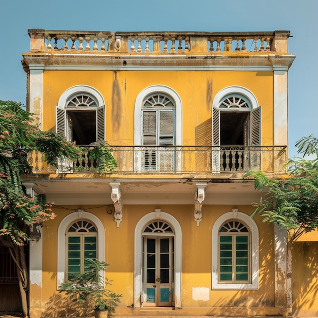 Gelbes Gebäude mit Balkonen in der französischen Kolonialarchitektur von Saint Louis Sen